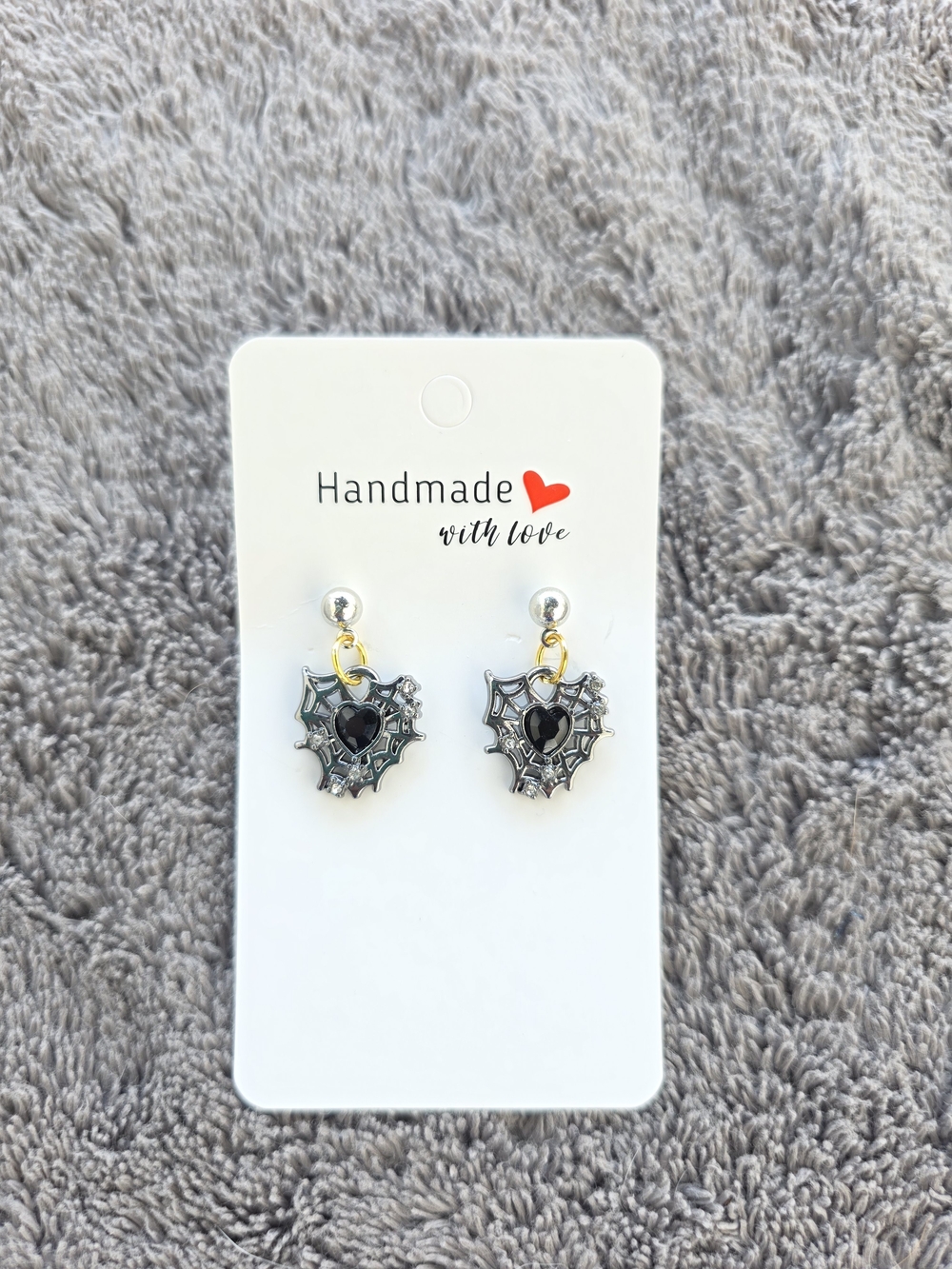 Halloween Earrings: Spiderwebs - Pewter Heart with Onyx Gemstone